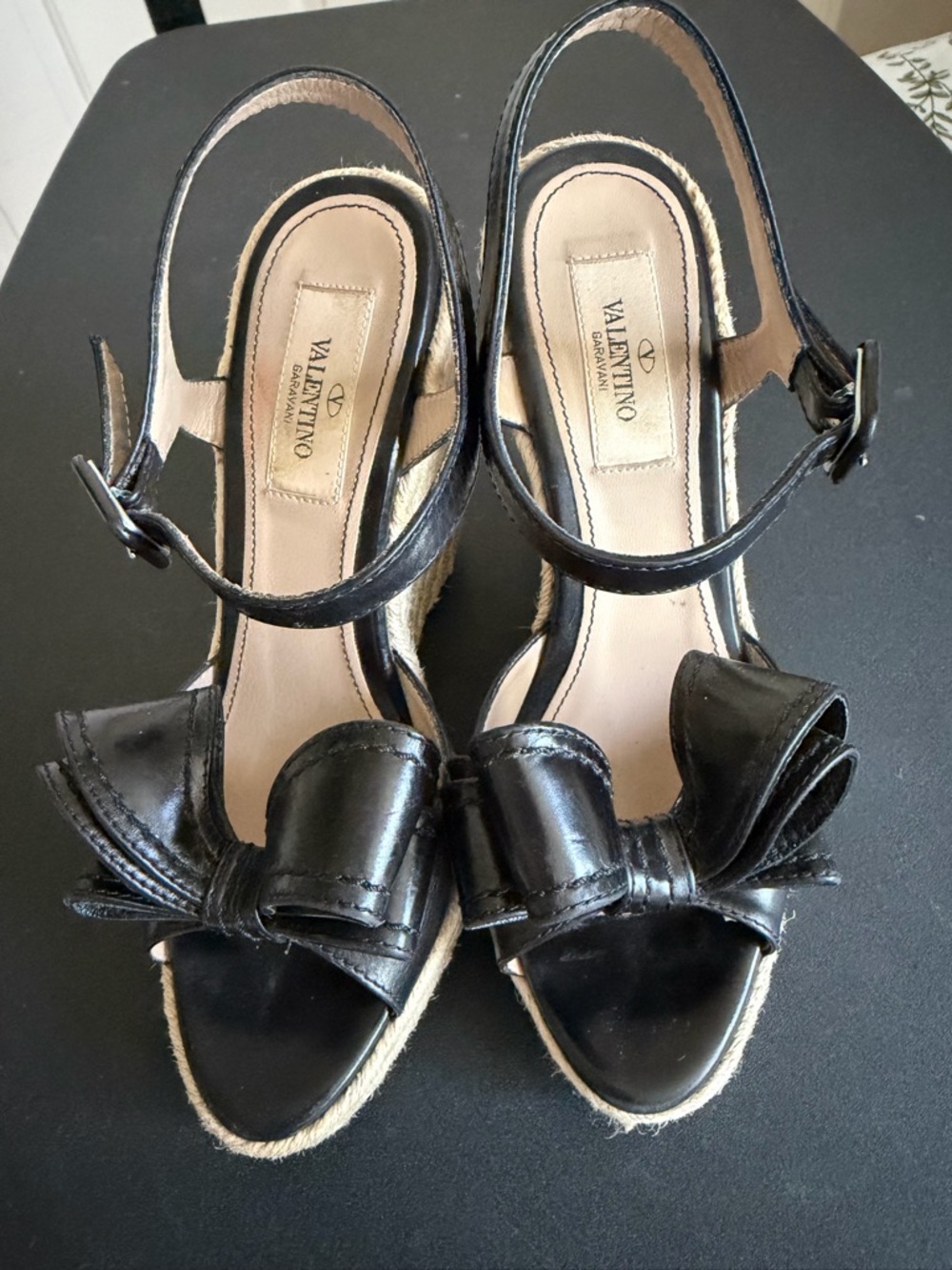 Valentino Garavani Black Leather Bow Espadrille Wedge Sandals Ankle Strap Sz 35 - Picture 3 of 12